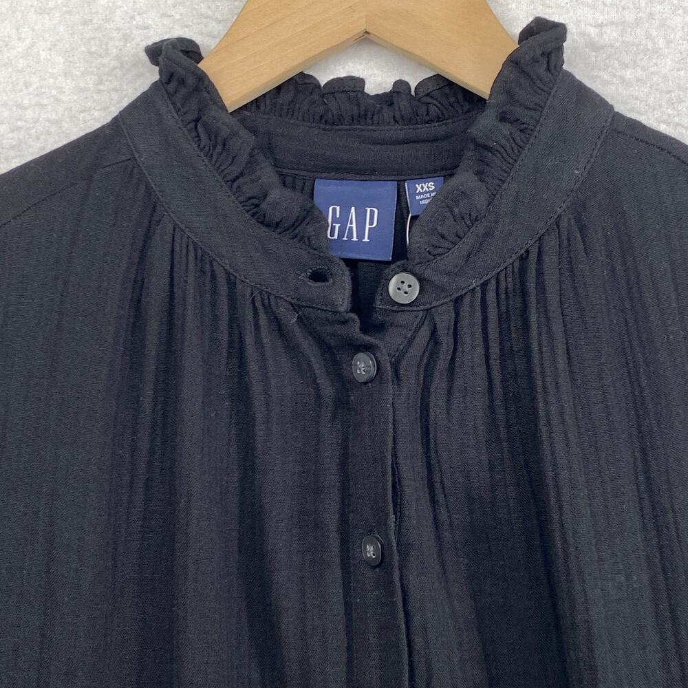GAP Dress XS Crinkle Gauze Mini Tiered Ruffle Button Front Puff Sleeve Black NEW - Picture 7 of 16